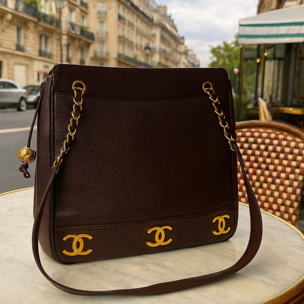 Rare Chanel chocolate brown caviar large triple CC tote